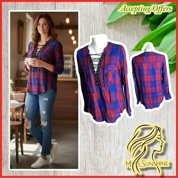 Express Tops - EXPRESS - Sz S - pop over plaid shirt rounded hem - super pretty & sexy